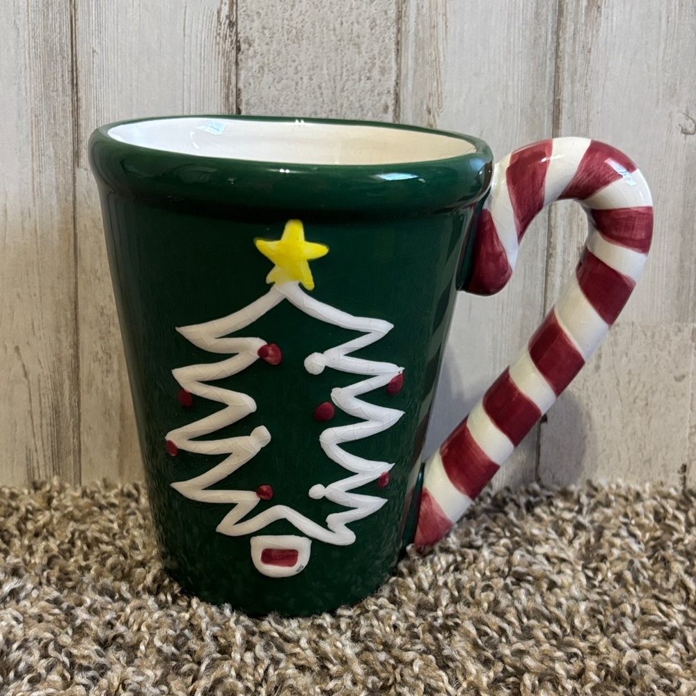 Festive Green Christmas Tree Mug with‎ Candy Cane Handle